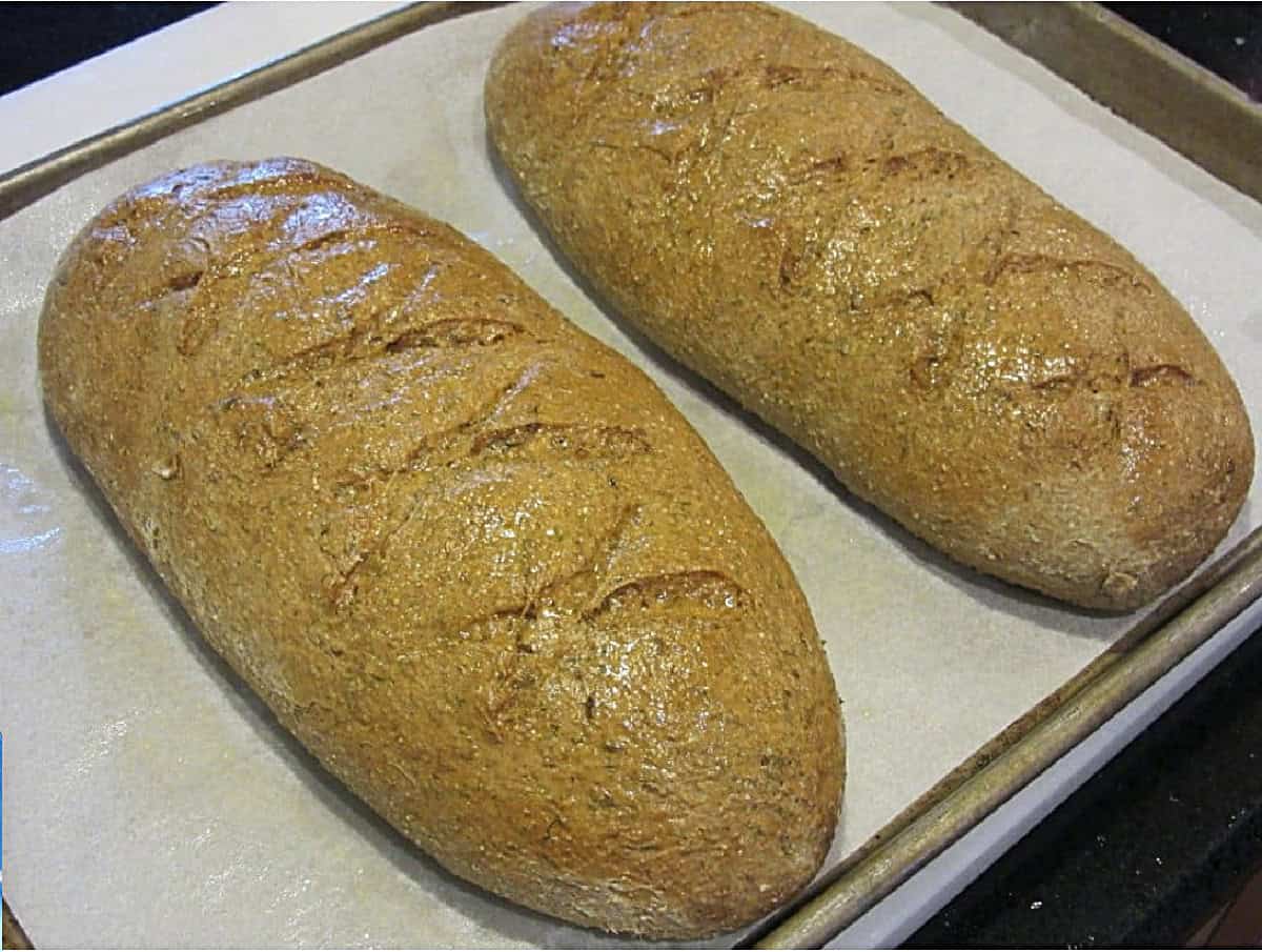 Two freshly baked loaves of homemade rye bread on a baking sheet.