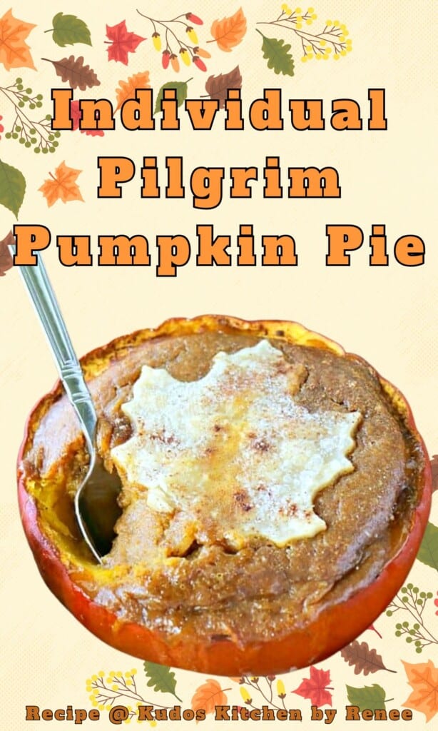 A pumpkin pie baked in a small pie pumpkin for a Pinterest pin for Pilgrim Pumpkin Pie.