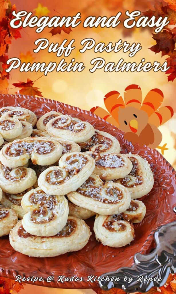 A Pinterest pin for puff pastry pumpkin spice palmiers along with a title text and cute graphic.