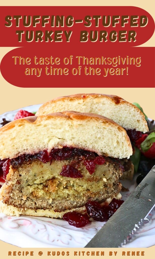 A Pinterest pin for a stuffing stuffed turkey burger along with a title text.