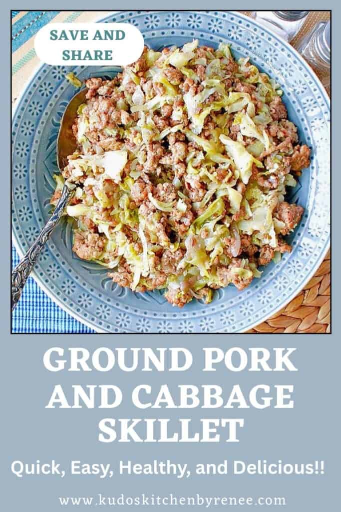 A Pinterest pin along with a title text for Ground Pork and Cabbage Skillet.