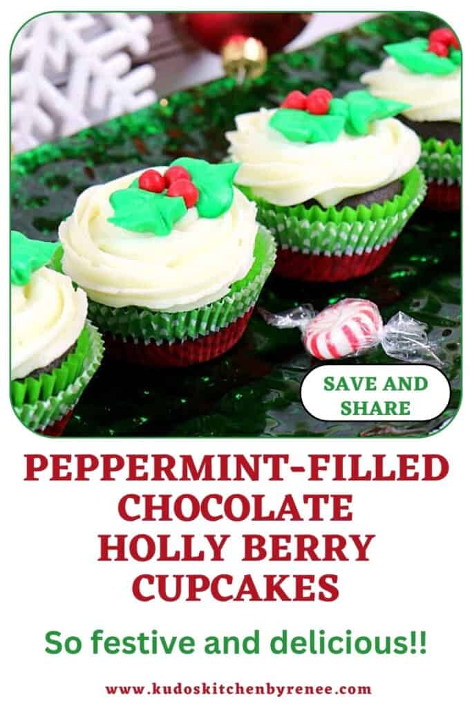 Pretty frosted Peppermint-Filled Chocolate Holly Berry Cupcakes with green holly and red berries on top.