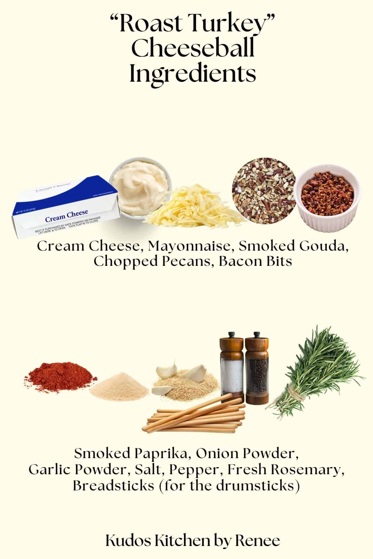 A visual ingredient list for making a roast turkey thanksgiving cheeseball appetizer.