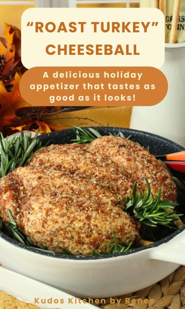 A Pinterest pin for a roast turkey cheeseball appetizer along with a title text.