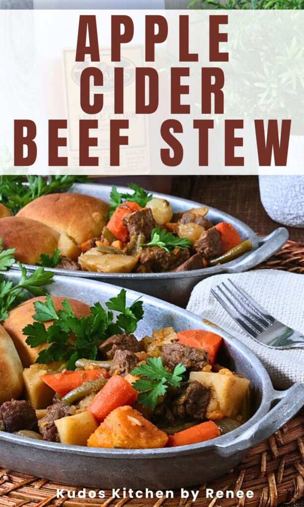 A simple Pinterest pin for Apple Cider Beef Stew along with a title text.