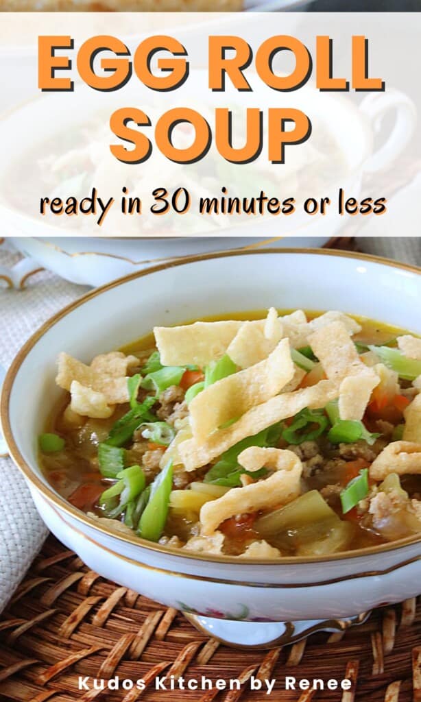 A Pinterest pin for Egg Roll Soup along with a title text.