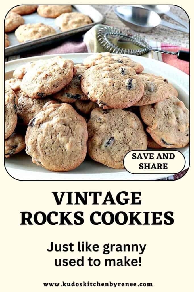 A platter filled high with baked vintage rocks cookies with raisins and nuts.