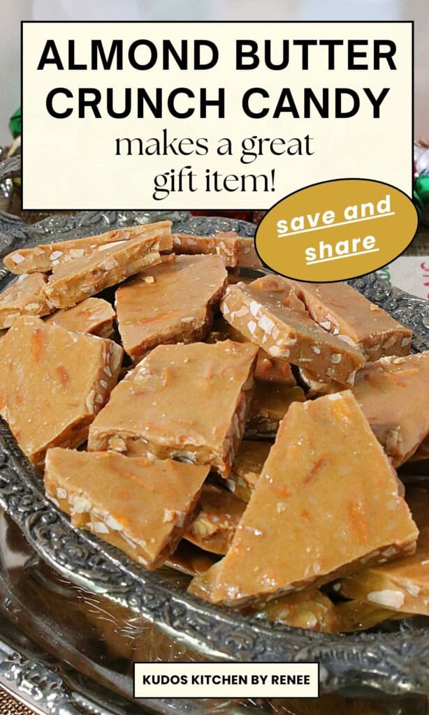 An old-fashioned glass and silver bowl filled with a pile of crunchy looking Almond Butter Crunch Candy.