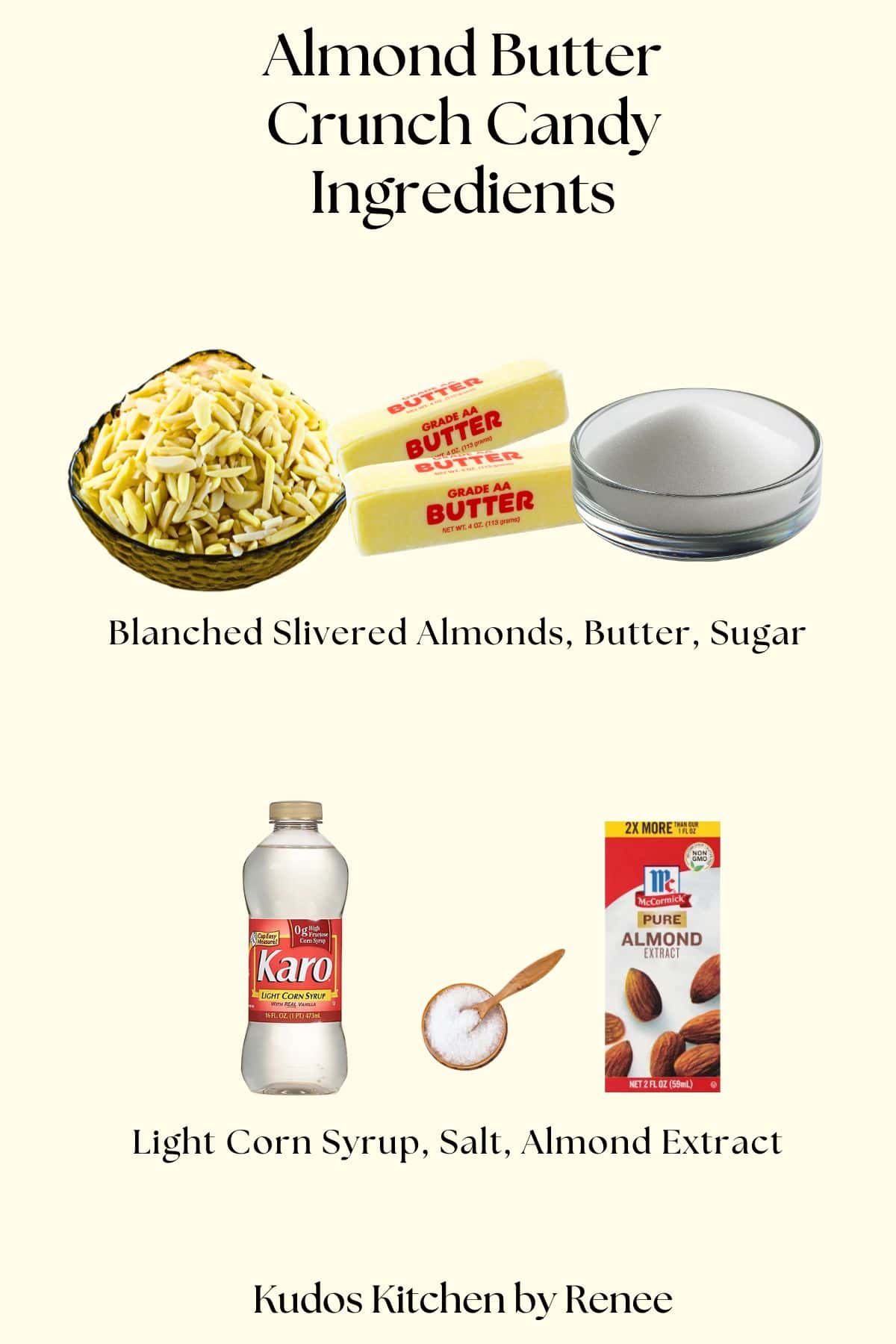 A visual ingredient list for making Almond Butter Crunch Candy with the ingredient images.