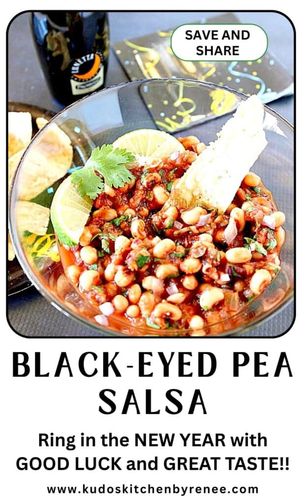 A glass bowl filled with delicious looking black eyed pea salsa topped with cilantro.