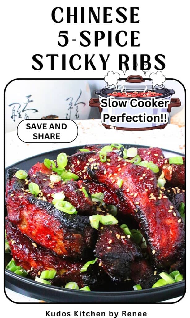 Beautifully caramelized Chinese 5 spice pork ribs in a black bowl topped with scallions and sesame seeds.