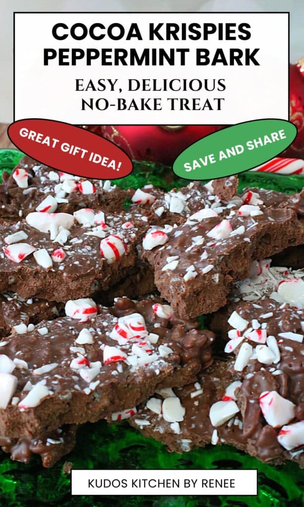 A delicious chocolaty treat of cocoa Krispies peppermint bark on a pretty green glass plate.