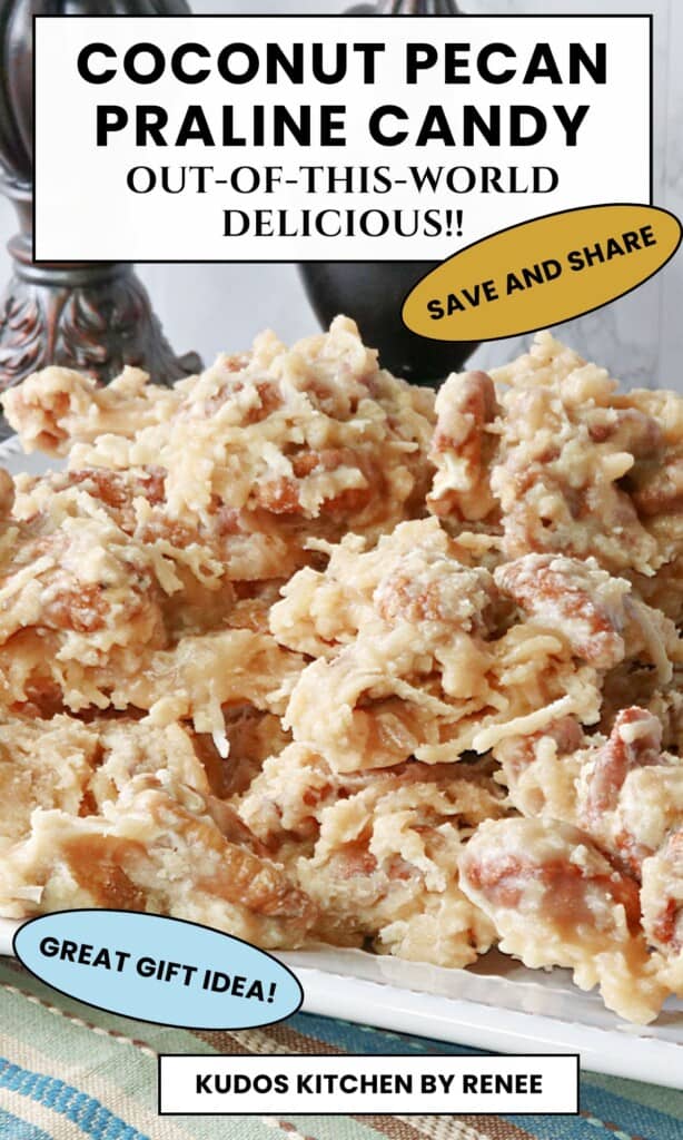 A stack of light brown coconut pecan praline candy with plenty of nuts and coconut on a white plate.