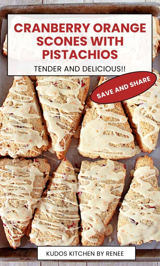 A whole baking sheet containing glazed cranberry orange scones.