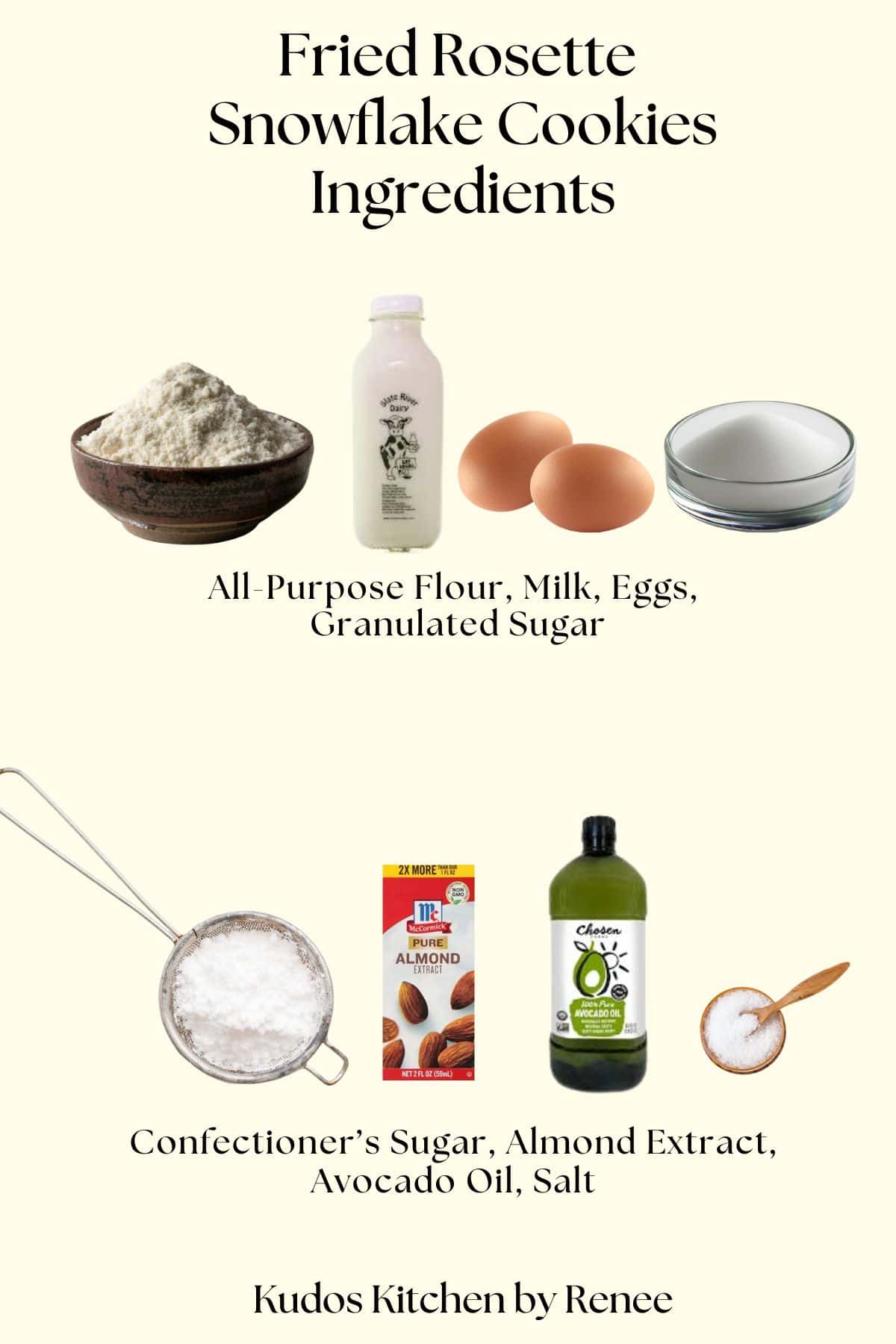 A visual ingredient list with images of everything needed to make fried rosette snowflake cookies.