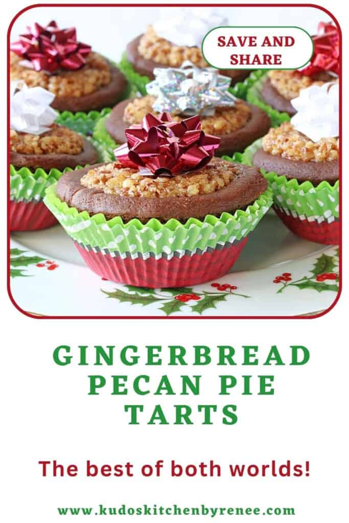 Super yummy gingerbread pecan pie tart with a bow on top and festive holiday cupcake liners.