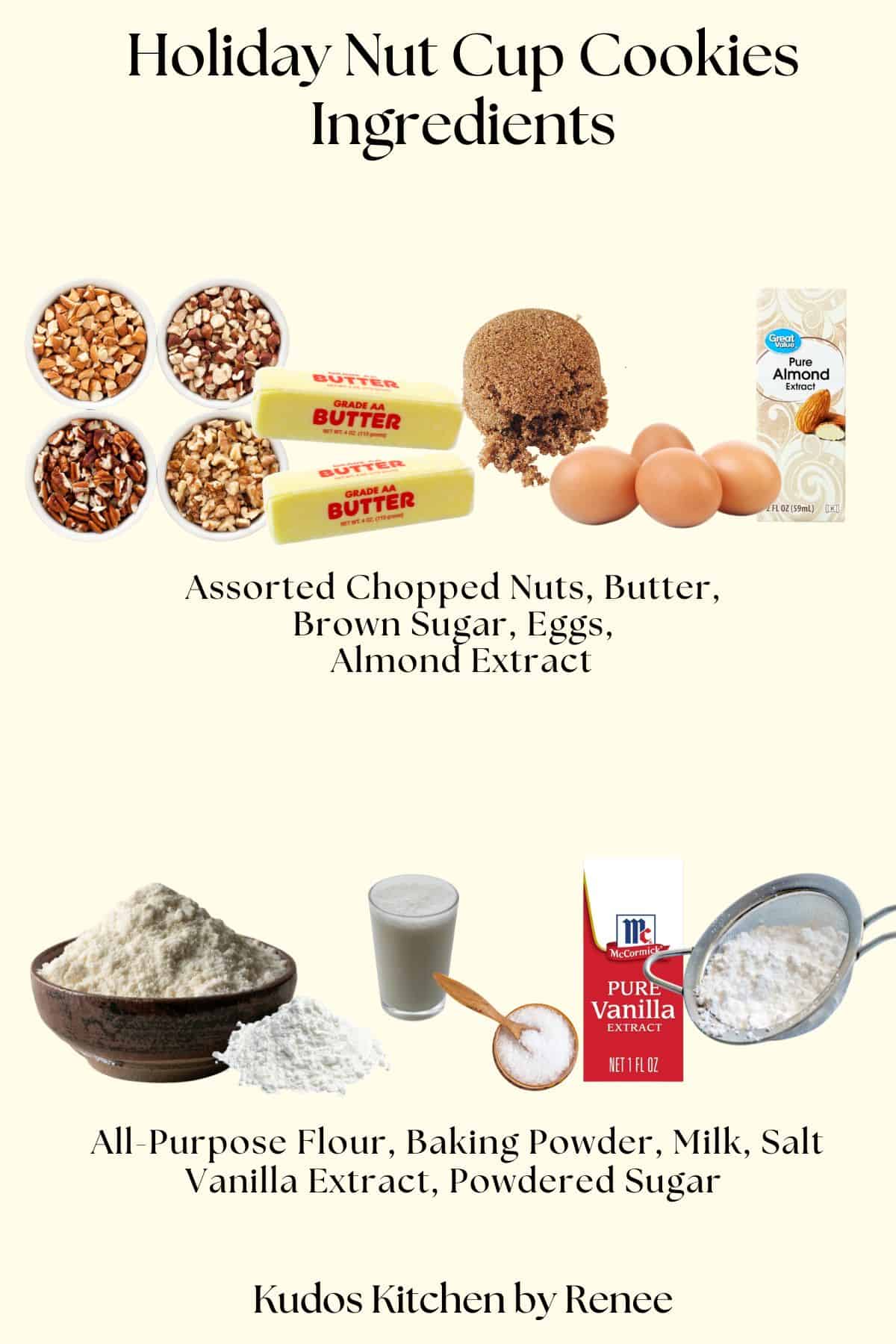 A visual ingredient list for making holiday nut cup cookies featuring graphics for nuts, butter, eggs, and extracts.