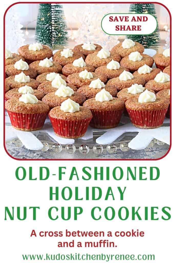 A glass platter filled with holiday nut cup cookies, each with a dollop of buttercream frosting.