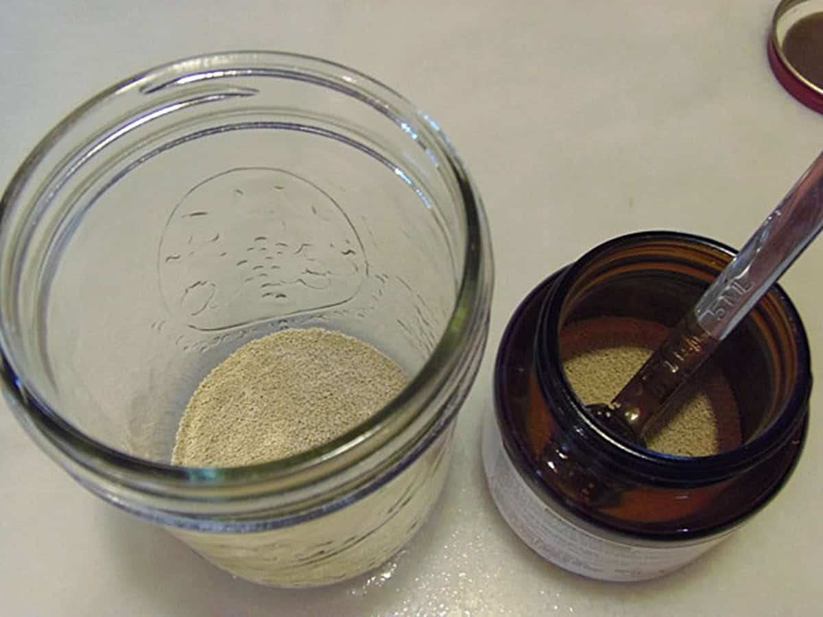 Two jars, one with yeast, one with yeast and water.