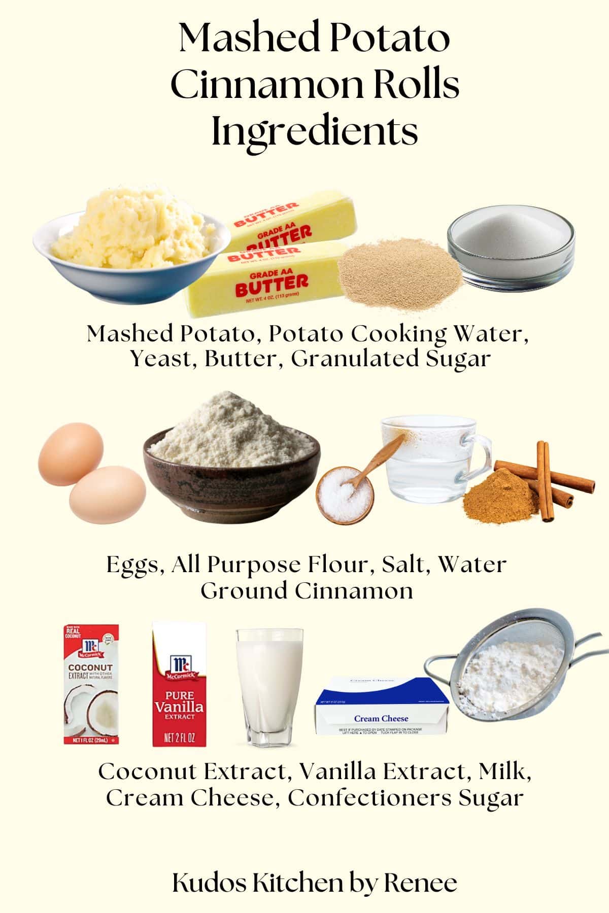 A visual ingredient list for making Mashed Potato Cinnamon Rolls along with ingredient images.