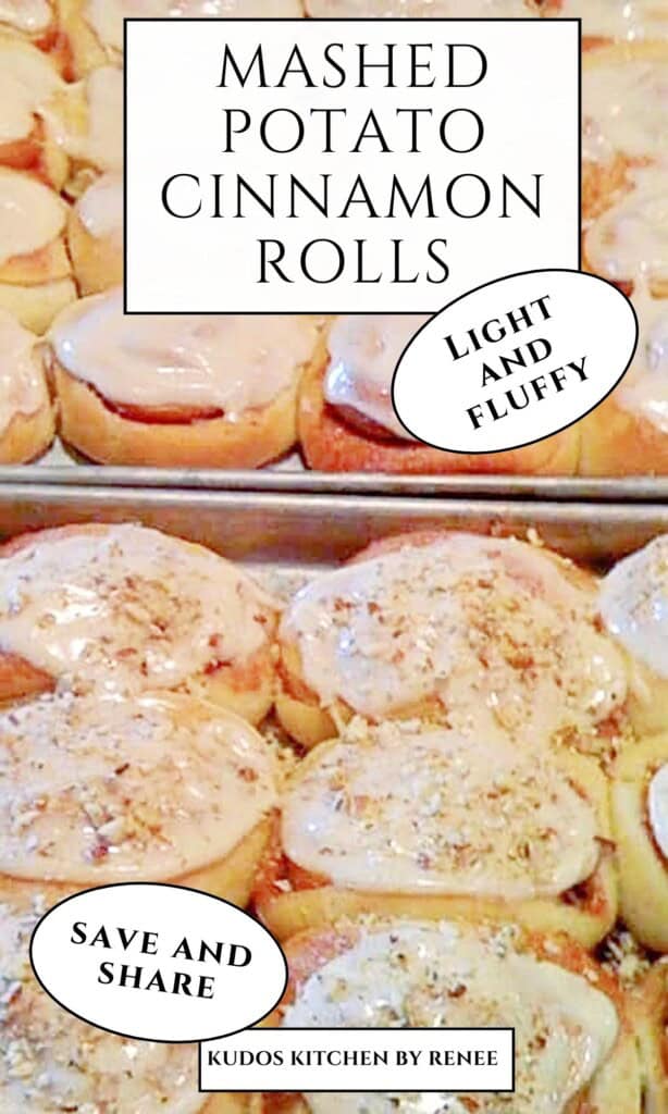 Two trays of homemade mashed potato cinnamon rolls with icing.