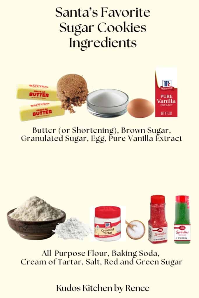 A visual ingredient list with images for making Santa's Favorite Sugar Cookies.
