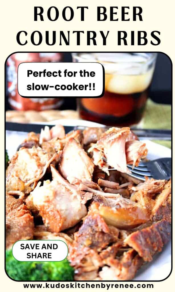 A plate of tender looking root beer country ribs in the forefront and a glass of root beer with ice in the background.