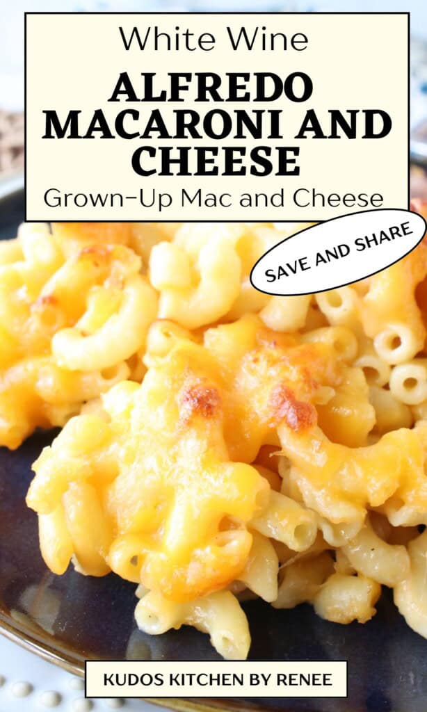 A crusty, cheesy, closeup of an Alfredo macaroni and cheese serving on a plate.
