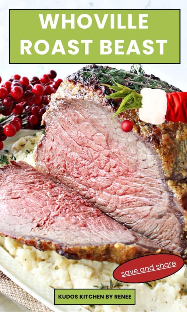 A perfectly cooked and sliced Whoville Roast Breast with a Grinch theme graphic.