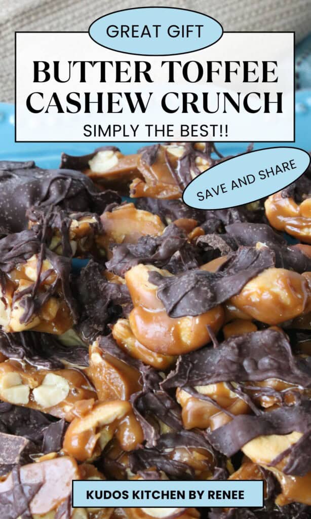 A bunch of chocolate covered butter toffee cashew crunch candy on a blue plate.