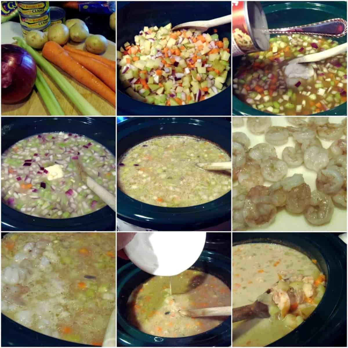 A nine image photo collage of how to make slow cooker clam chowder with shrimp.