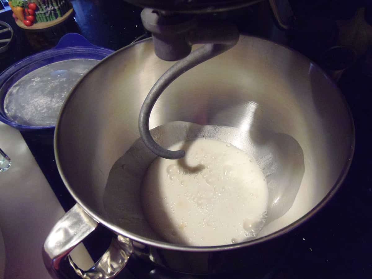 A foamy yeast mixture in a stand mixer bowl.