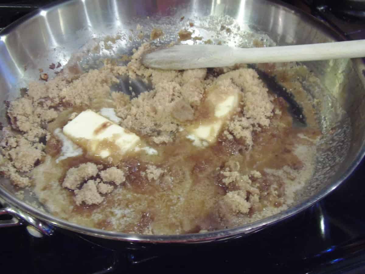 Brown sugar and butter in a skillet to make caramel.