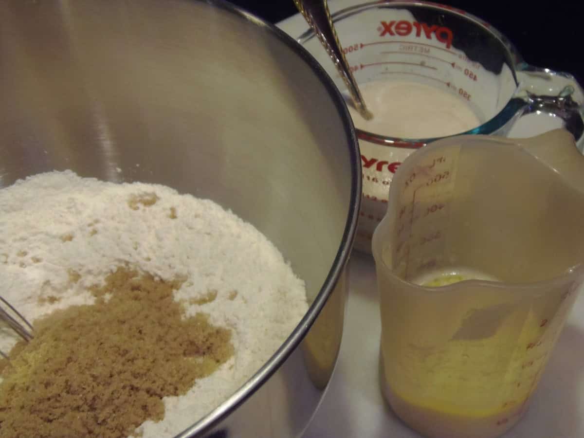 Different ingredients in different bowls for making sticky buns.