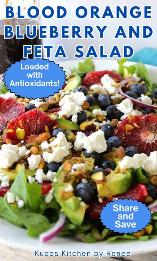 A beautiful, colorful and healthy salad with avocado, blood oranges, pistachios, and feta cheese.