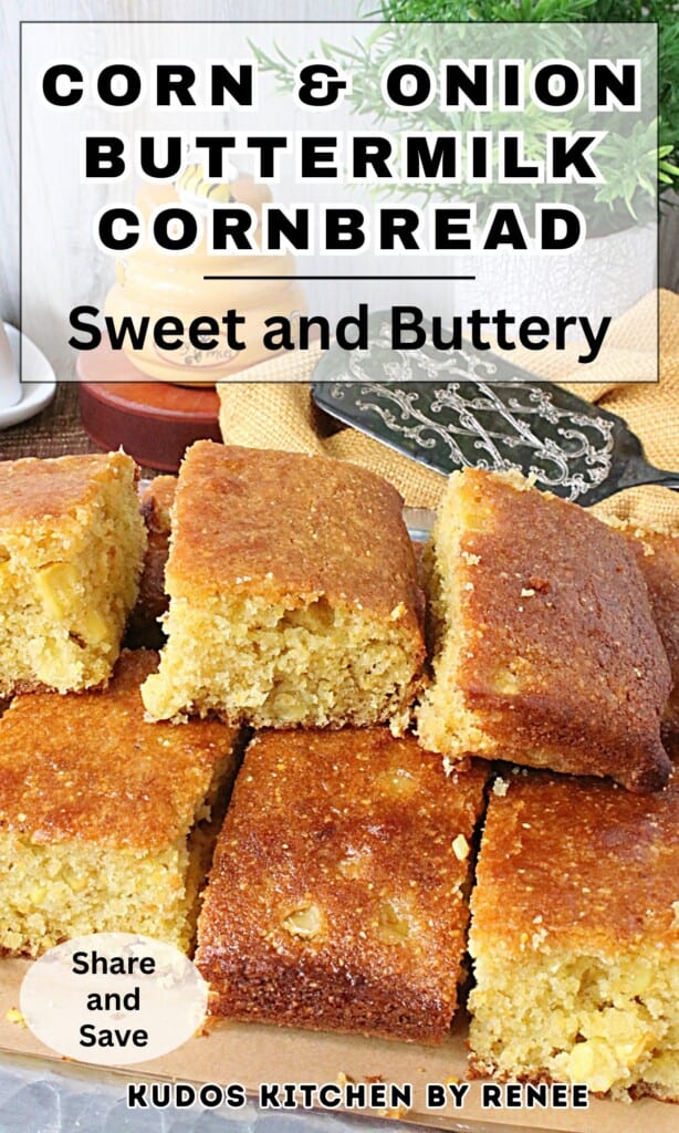 A golden stack of crumbly, delicious-looking cornbread squares on a silver platter.