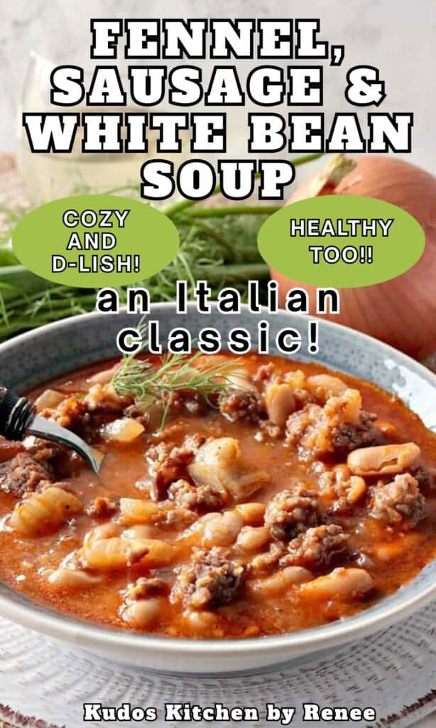 A delicious looking bowl of Fennel, Sausage, and White Bean Soup in a blue bowl with a spoon and a fennel frond garnish.