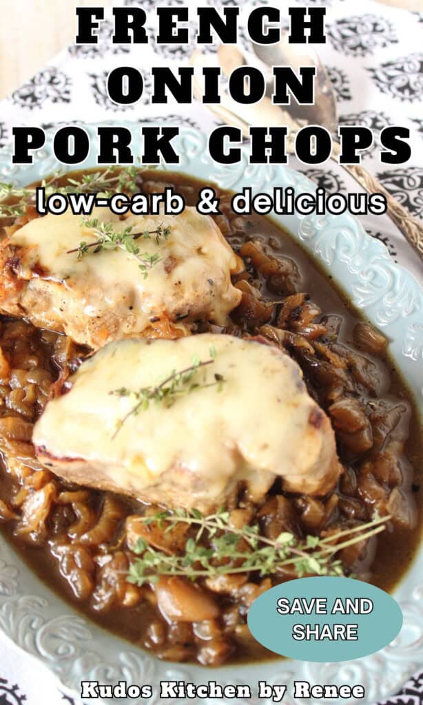 A blue platter with two cheese covered French Onion Pork Chops on a bed of caramelized onions.