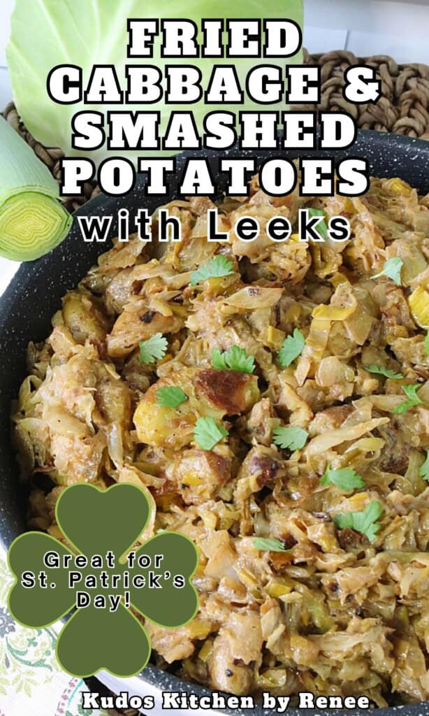 A dish of Fried Cabbage with Smashed Potatoes and Leeks in a white dish sprinkled with chopped parsley.