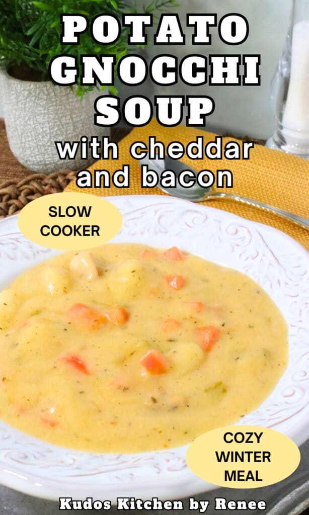 A creamy, cheesy bowl of potato gnocchi soup with carrots, celery, bacon, and herbs in a white bowl.