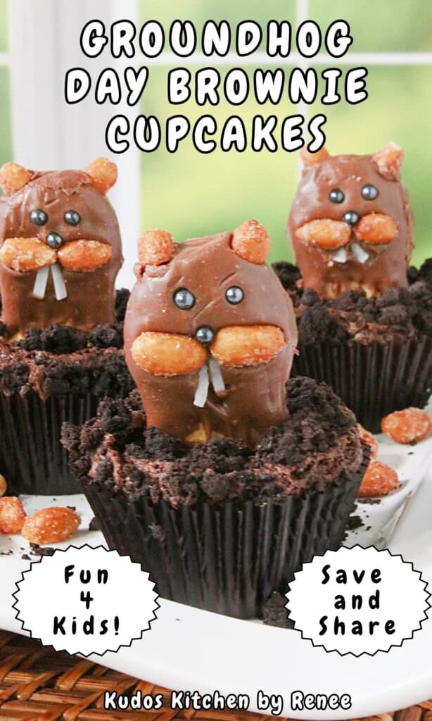 Cute and funny chocolate cookie groundhogs popping out of brownie cupcakes with cookie crumble topping.