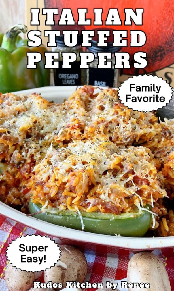 A bunch of Italian Stuffed Bell Peppers in a baking dish topped with melted cheese.