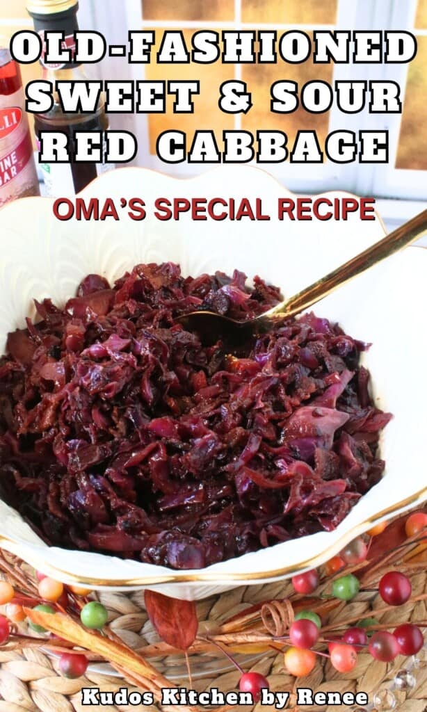 A white bowl filled with deep purple sweet and sour red cabbage along with a gold serving spoon.