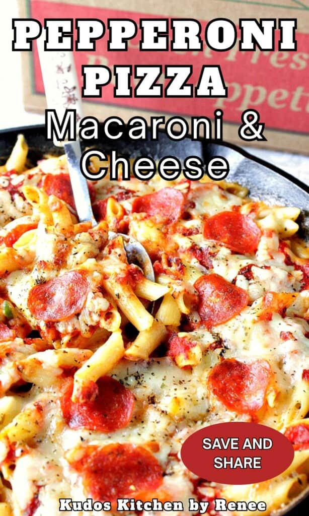 An Italian cheese and pepperoni topped baked macaroni and cheese in a cast iron skillet.