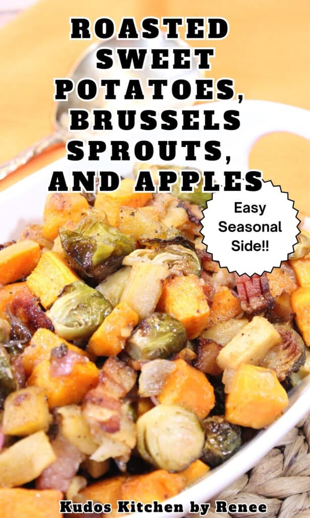 Roasted sweet potatoes, Brussels sprouts and bacon in a white bowl served as a side dish.
