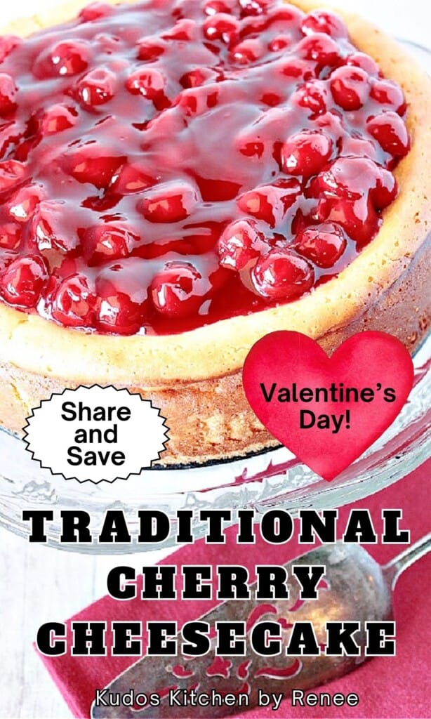 A delicious looking baked cheesecake topped with bright red cherry pie filling.