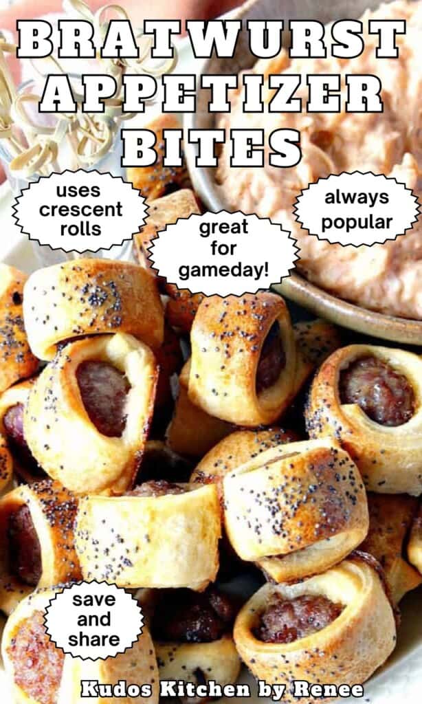 Golden brown bratwurst appetizers wrapped in crescent rolls and sprinkled with poppy seeds.