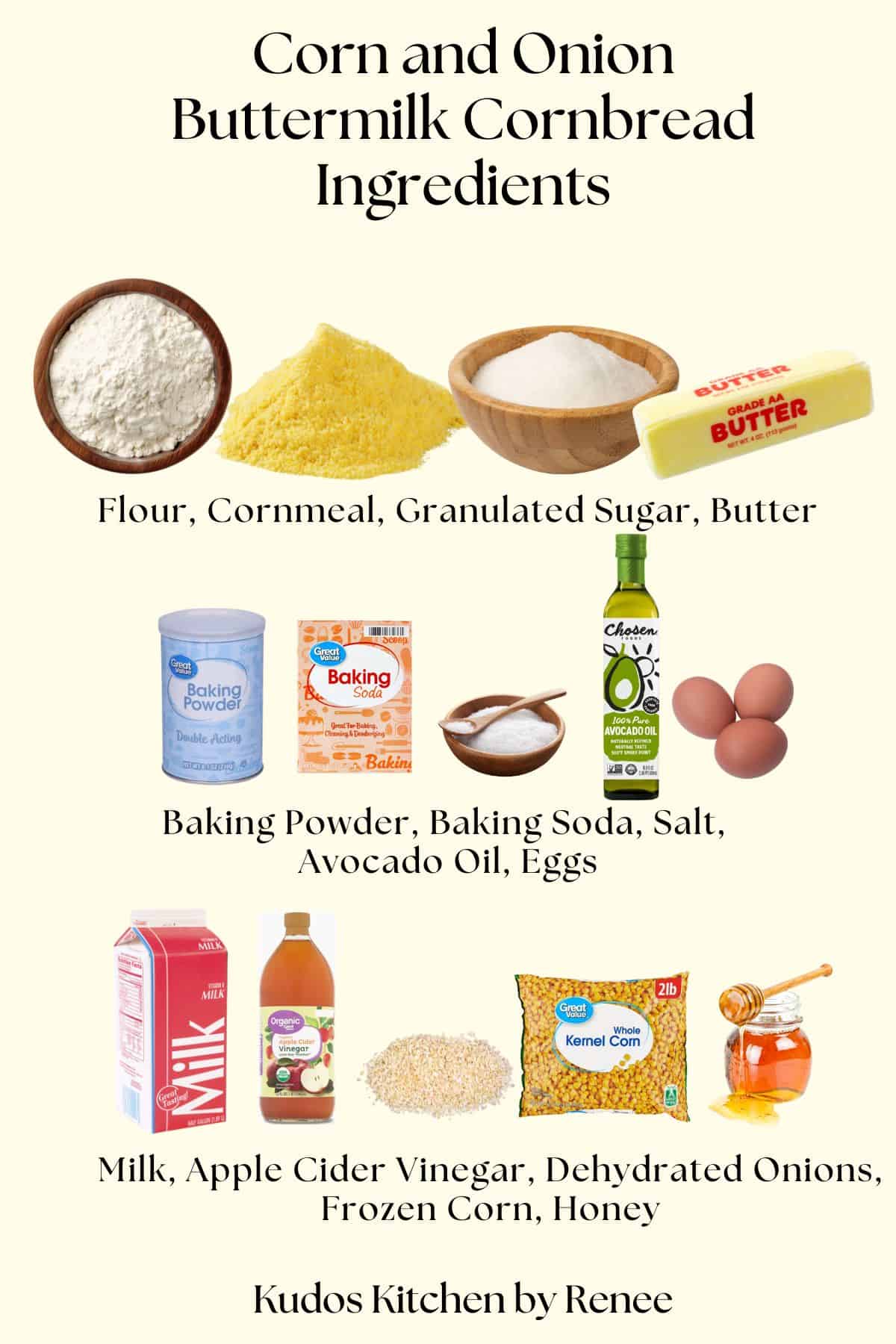 A visual ingredient list for making corn and onion buttermilk cornbread with product images.