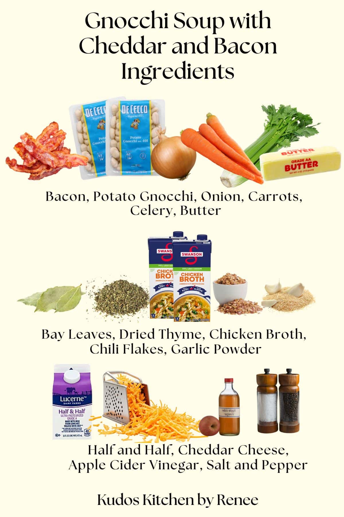 A visual ingredient list for making gnocchi soup with cheddar and bacon with images of each ingredient.