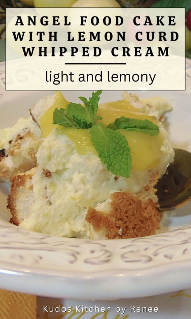 A serving of angel food cake with lemon curd whipped cream in a white bowl.